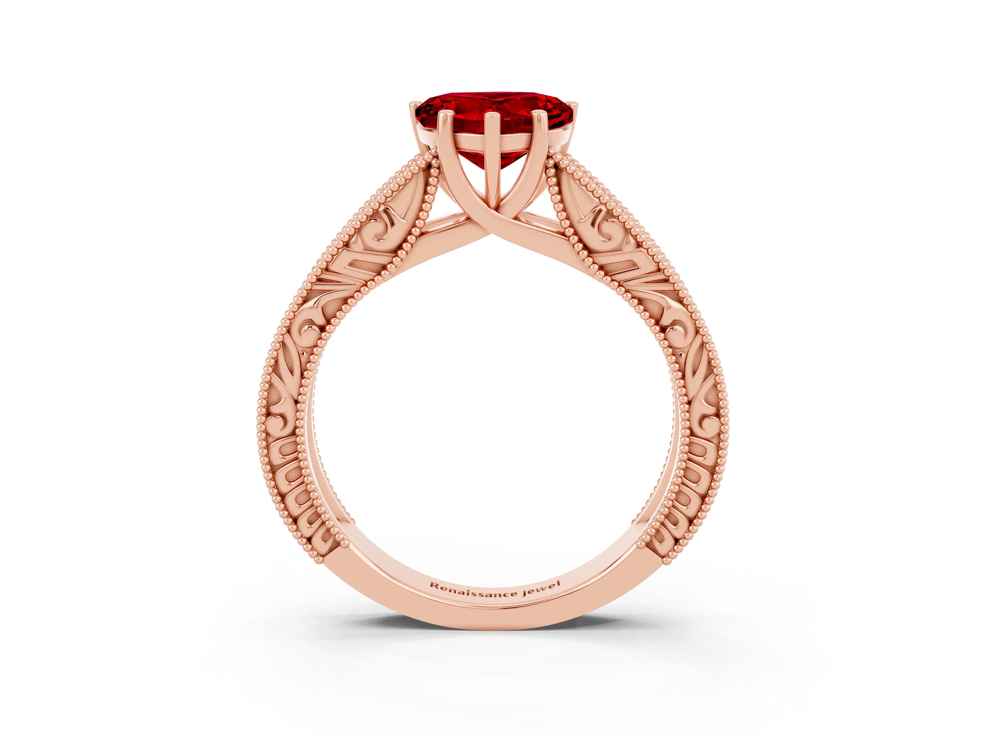 Rose gold Heart Cut Ruby Solitaire Ring with Engraved Band and Four-Prong Setting_3