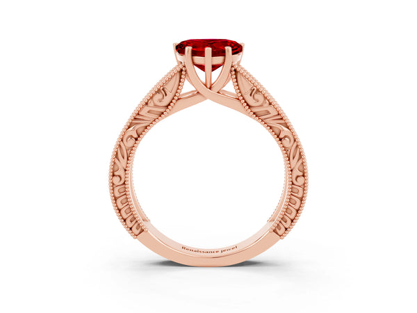 Rose gold Heart Cut Ruby Solitaire Ring with Engraved Band and Four-Prong Setting