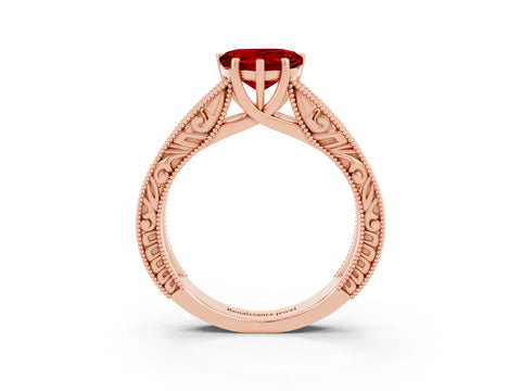 Rose gold Heart Cut Ruby Solitaire Ring with Engraved Band and Four-Prong Setting_3