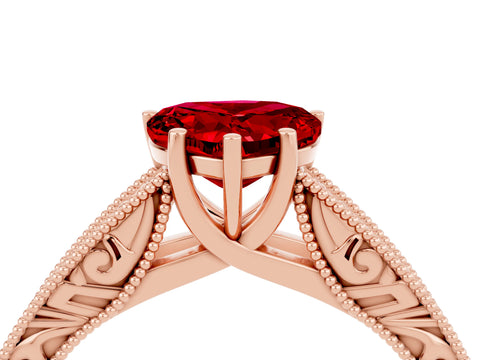 Rose gold Heart Cut Ruby Solitaire Ring with Engraved Band and Four-Prong Setting_4