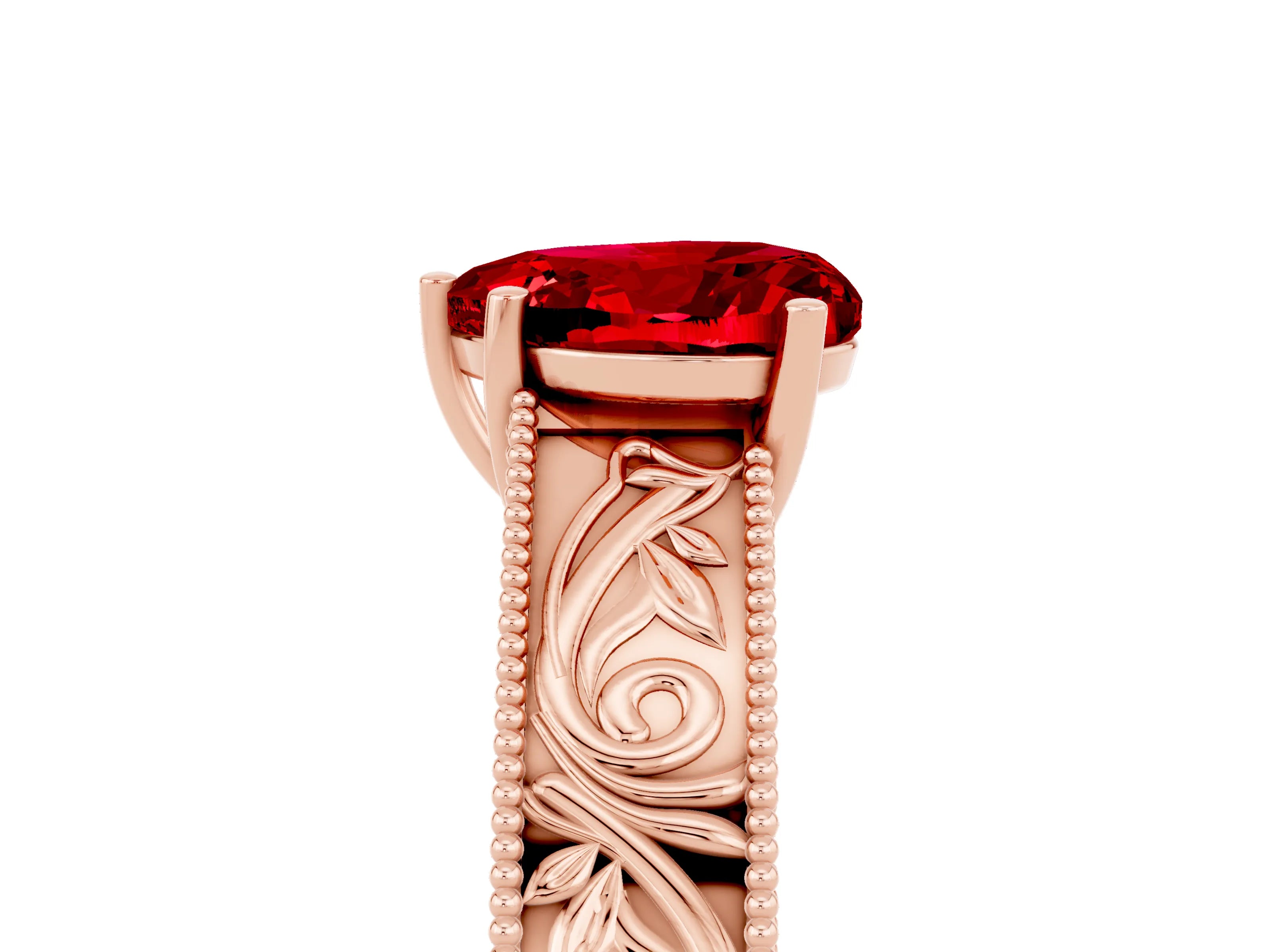 Rose gold Heart Cut Ruby Solitaire Ring with Engraved Band and Four-Prong Setting_5