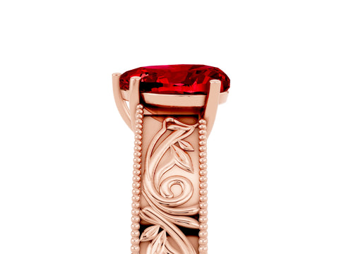 Rose gold Heart Cut Ruby Solitaire Ring with Engraved Band and Four-Prong Setting_5