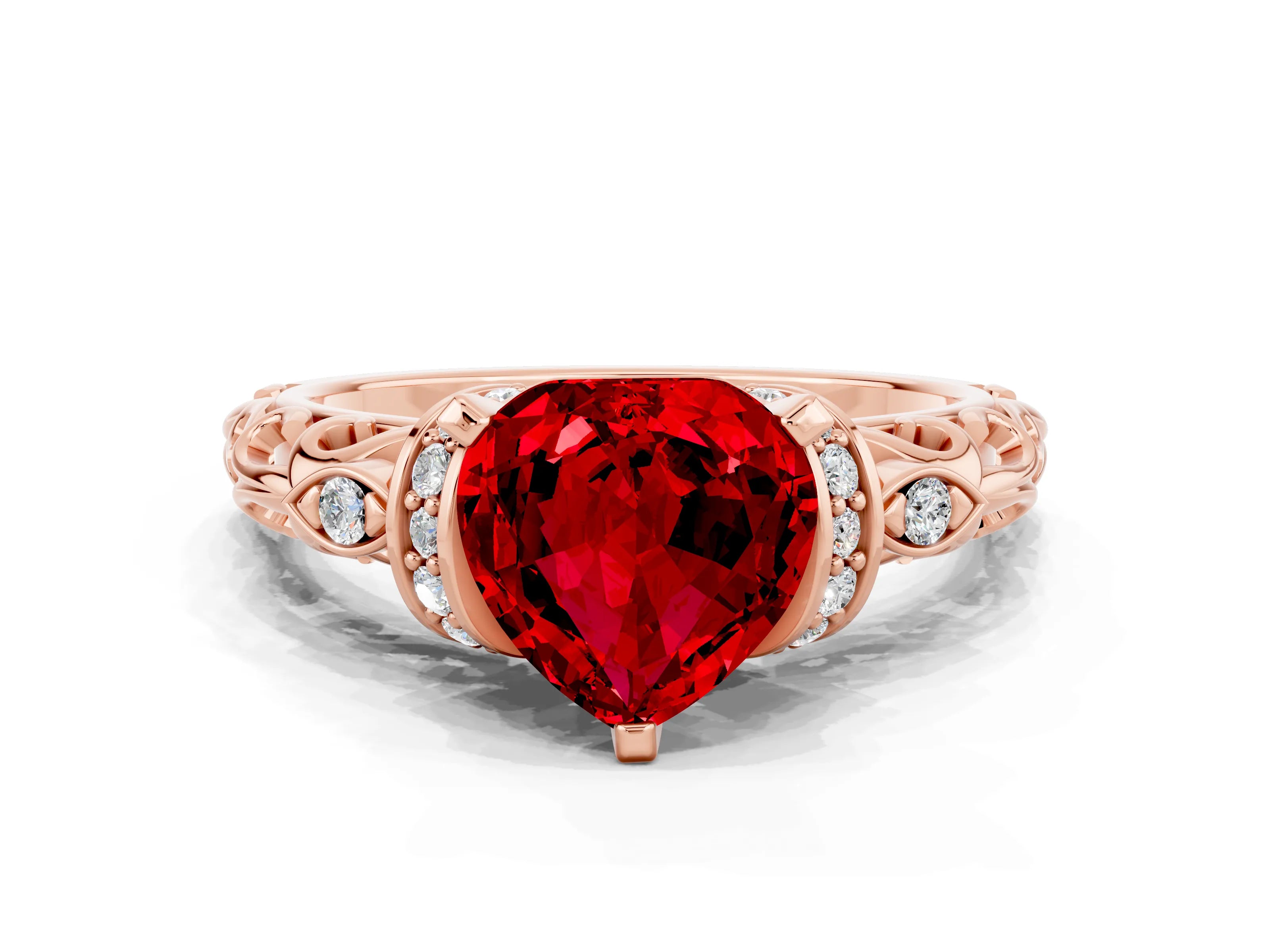 Rose gold Heart Cut Ruby Solitaire Ring with Filigree Band and Four-Prong Setting_24