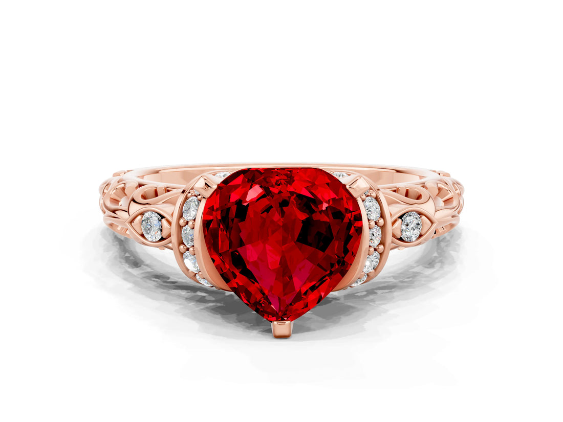 Rose gold Heart Cut Ruby Solitaire Ring with Filigree Band and Four-Prong Setting_24