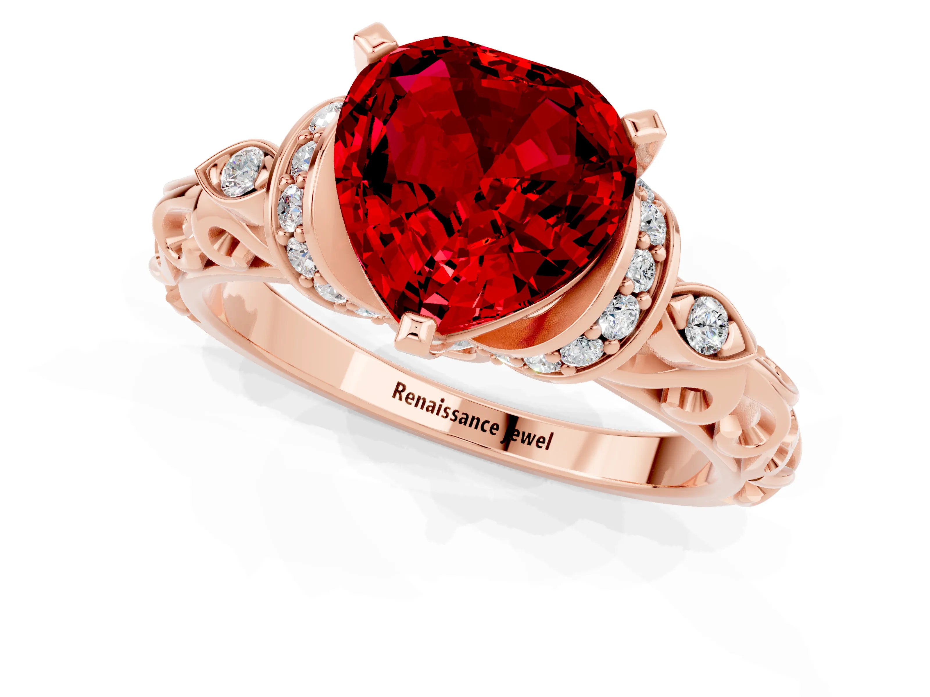 Rose gold Heart Cut Ruby Solitaire Ring with Filigree Band and Four-Prong Setting_25