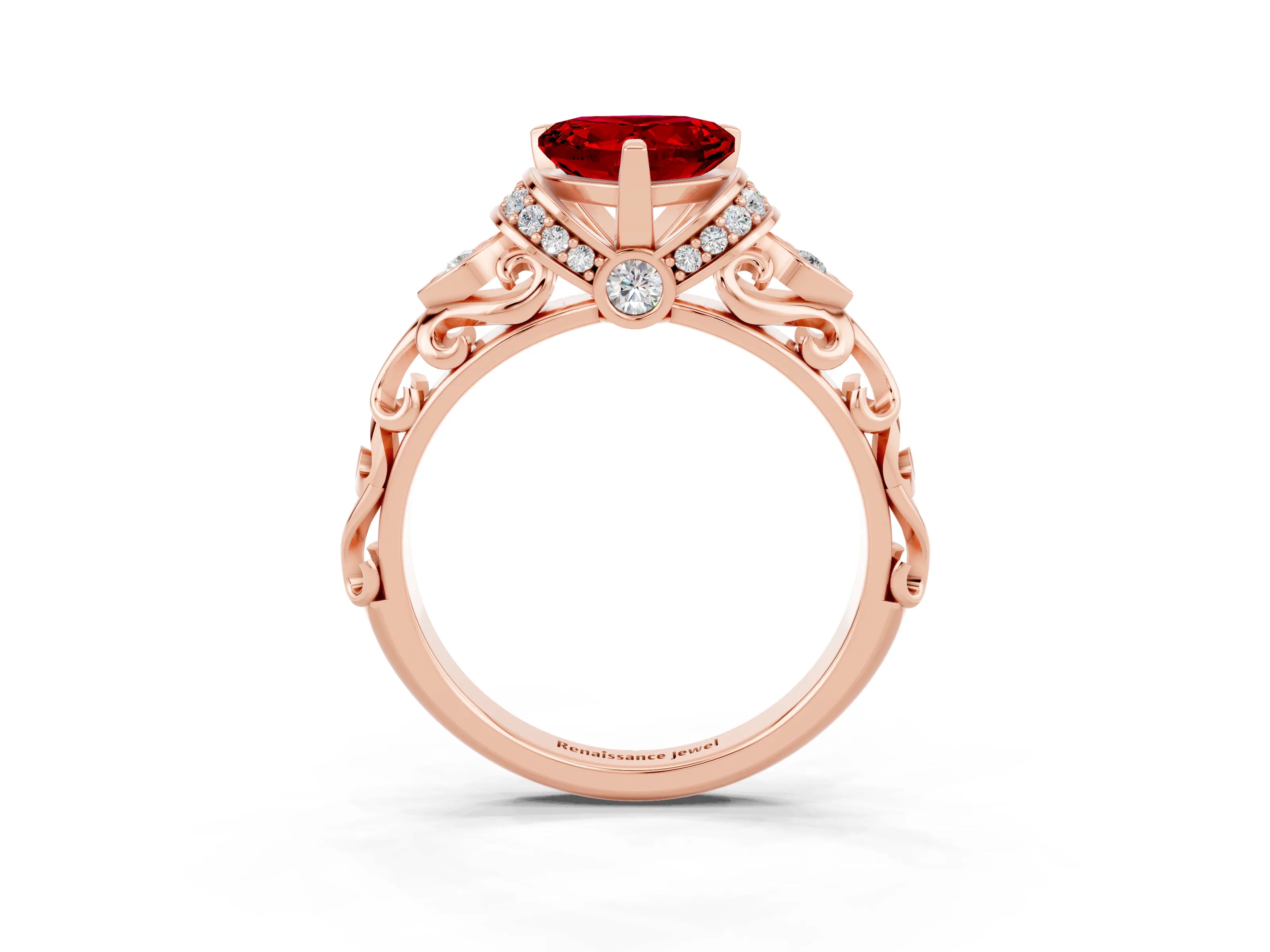 Rose gold Heart Cut Ruby Solitaire Ring with Filigree Band and Four-Prong Setting_27