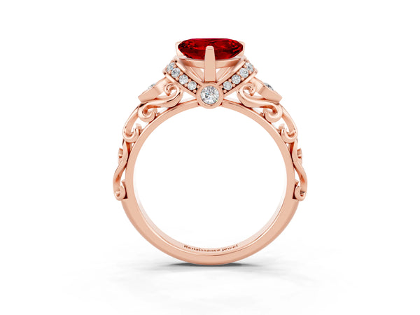 Rose gold Heart Cut Ruby Solitaire Ring with Filigree Band and Four-Prong Setting