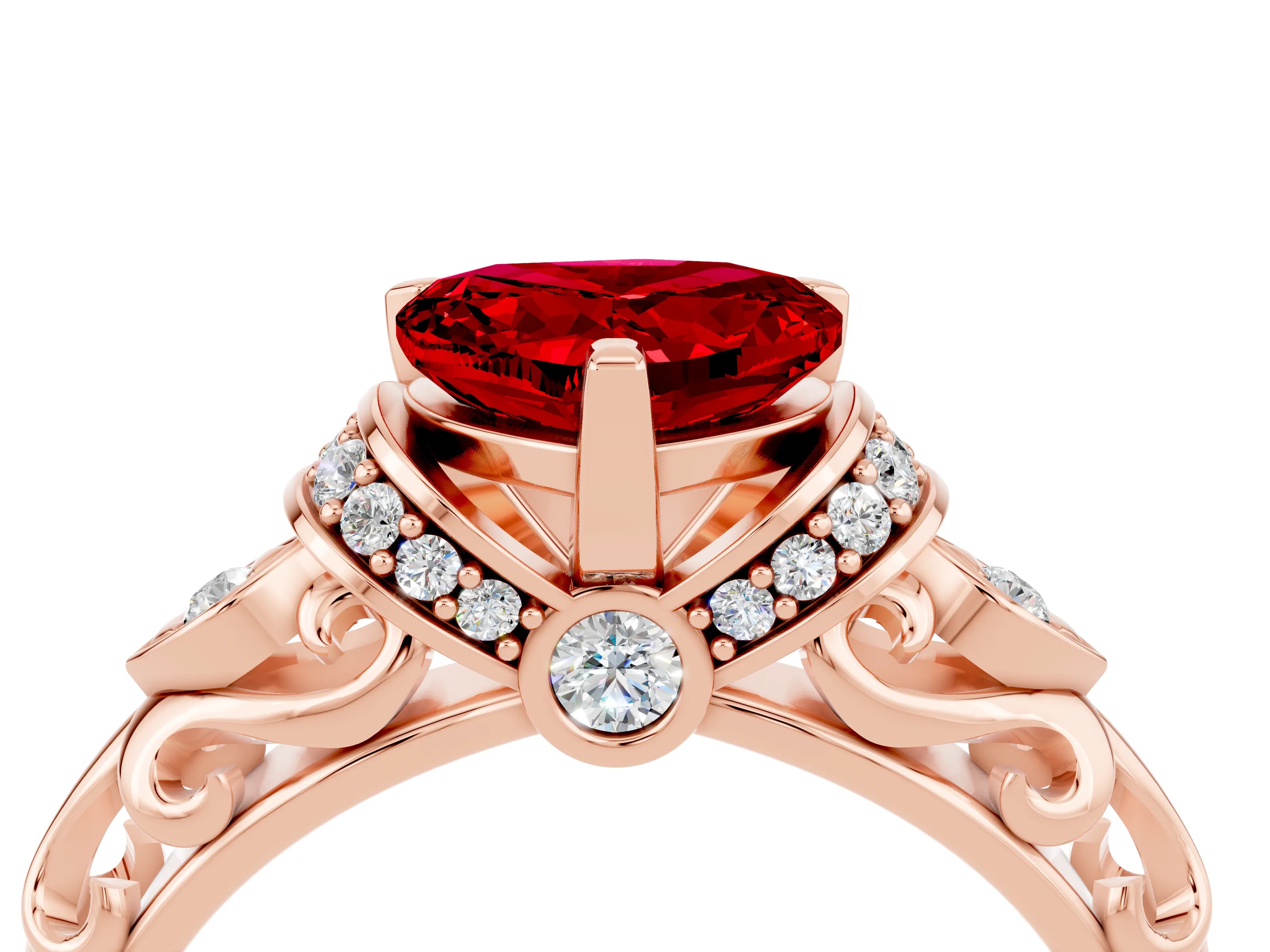 Rose gold Heart Cut Ruby Solitaire Ring with Filigree Band and Four-Prong Setting_28
