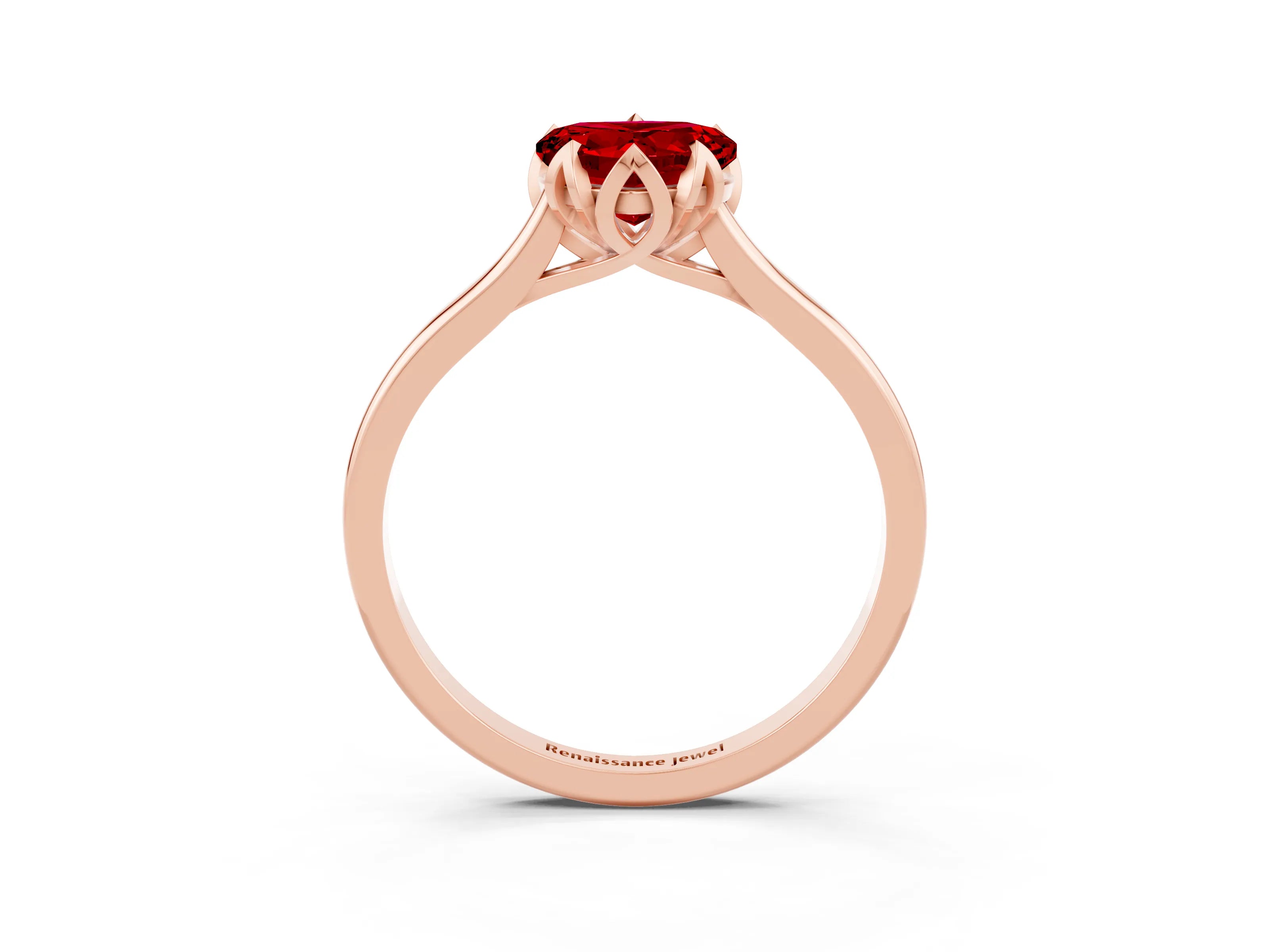 Rose gold Heart Cut Ruby Solitaire Ring with Flower Prong Setting and Classic Band_15