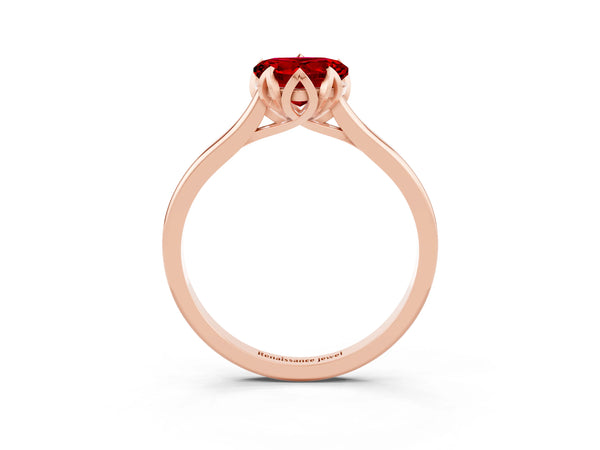 Rose gold Heart Cut Ruby Solitaire Ring with Flower Prong Setting and Classic Band