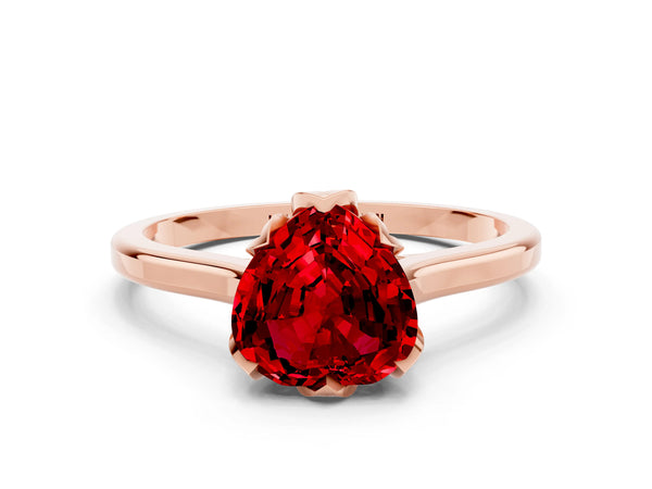 Rose gold Heart Cut Ruby Solitaire Ring with Flower Prong Setting and Classic Band
