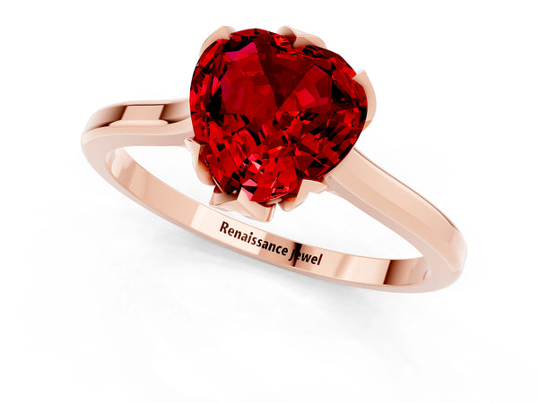 Rose gold Heart Cut Ruby Solitaire Ring with Flower Prong Setting and Classic Band