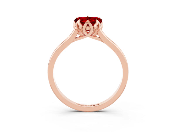 Rose gold Heart Cut Ruby Solitaire Ring with Flower Prong Setting and Classic Band