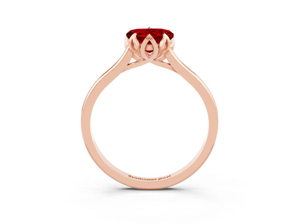 Rose Gold Heart-Shaped Lab-Grown Ruby Floral Solitaire Engagement Ring with Plain Band