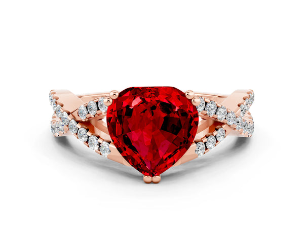 Rose gold Heart Cut Ruby Solitaire Ring with Four-Prong Setting and Twisted Pavé Band