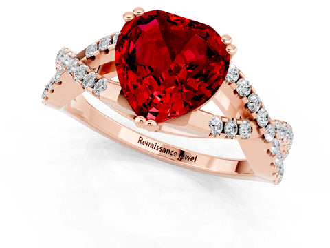 Rose gold Heart Cut Ruby Solitaire Ring with Four-Prong Setting and Twisted Pavé Band_1