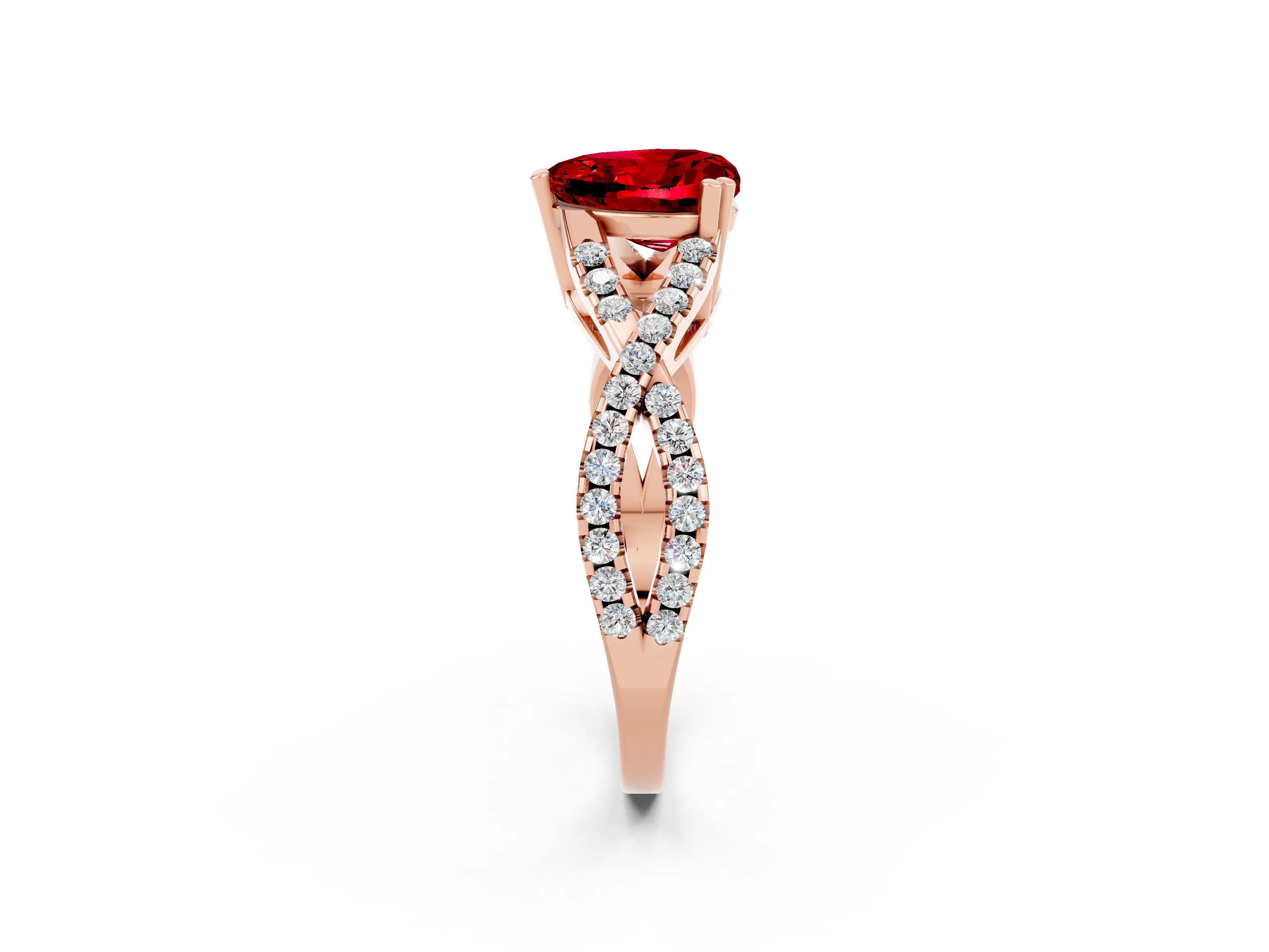 Rose gold Heart Cut Ruby Solitaire Ring with Four-Prong Setting and Twisted Pavé Band_2