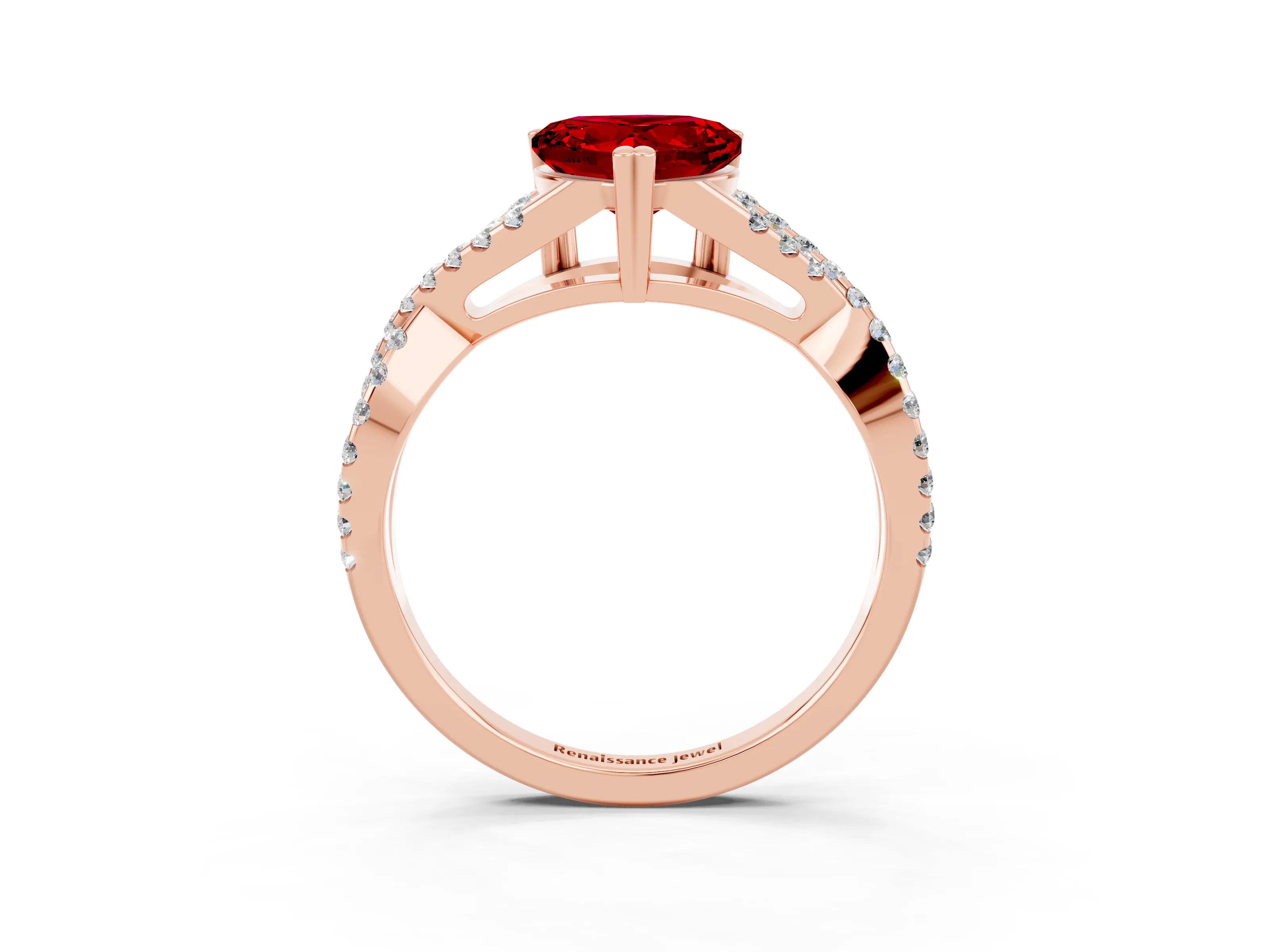 Rose gold Heart Cut Ruby Solitaire Ring with Four-Prong Setting and Twisted Pavé Band_3