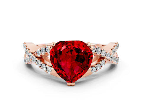 Rose gold Heart Cut Ruby Solitaire Ring with Four-Prong Setting and Twisted Pavé Band