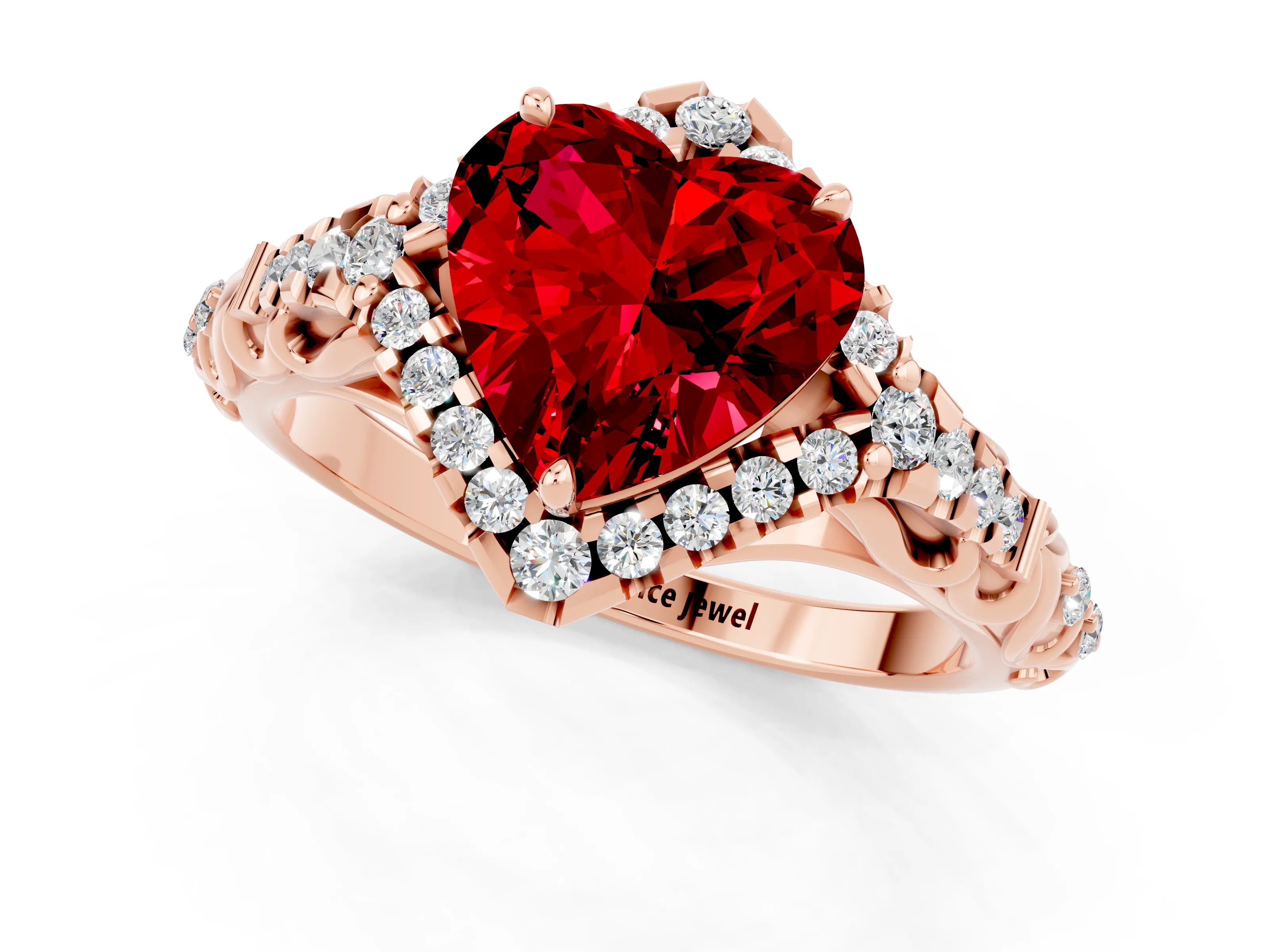 Rose gold Heart Cut Ruby Solitaire Ring with Hidden Halo and Pavé Band_13