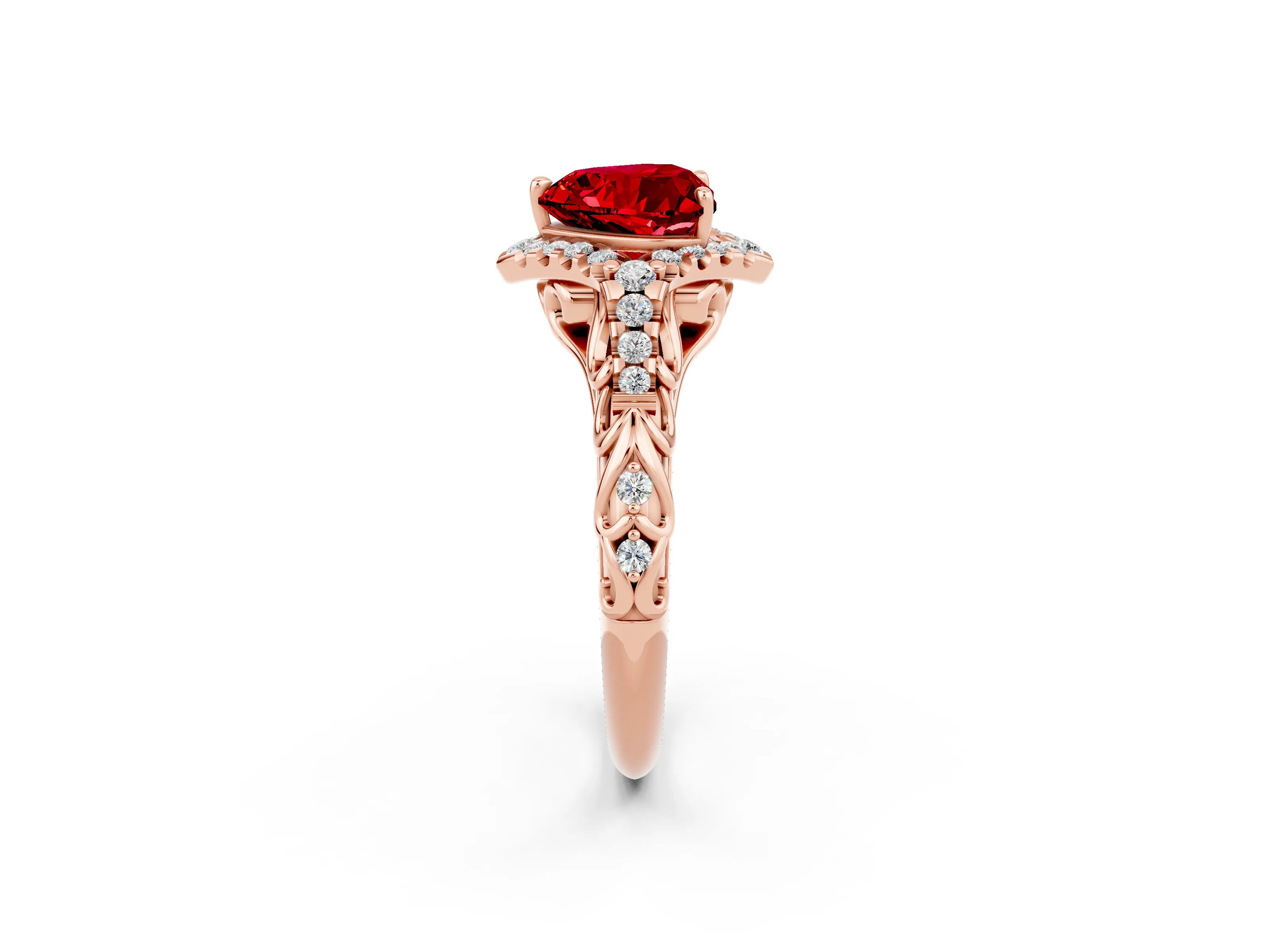 Rose gold Heart Cut Ruby Solitaire Ring with Hidden Halo and Pavé Band_14