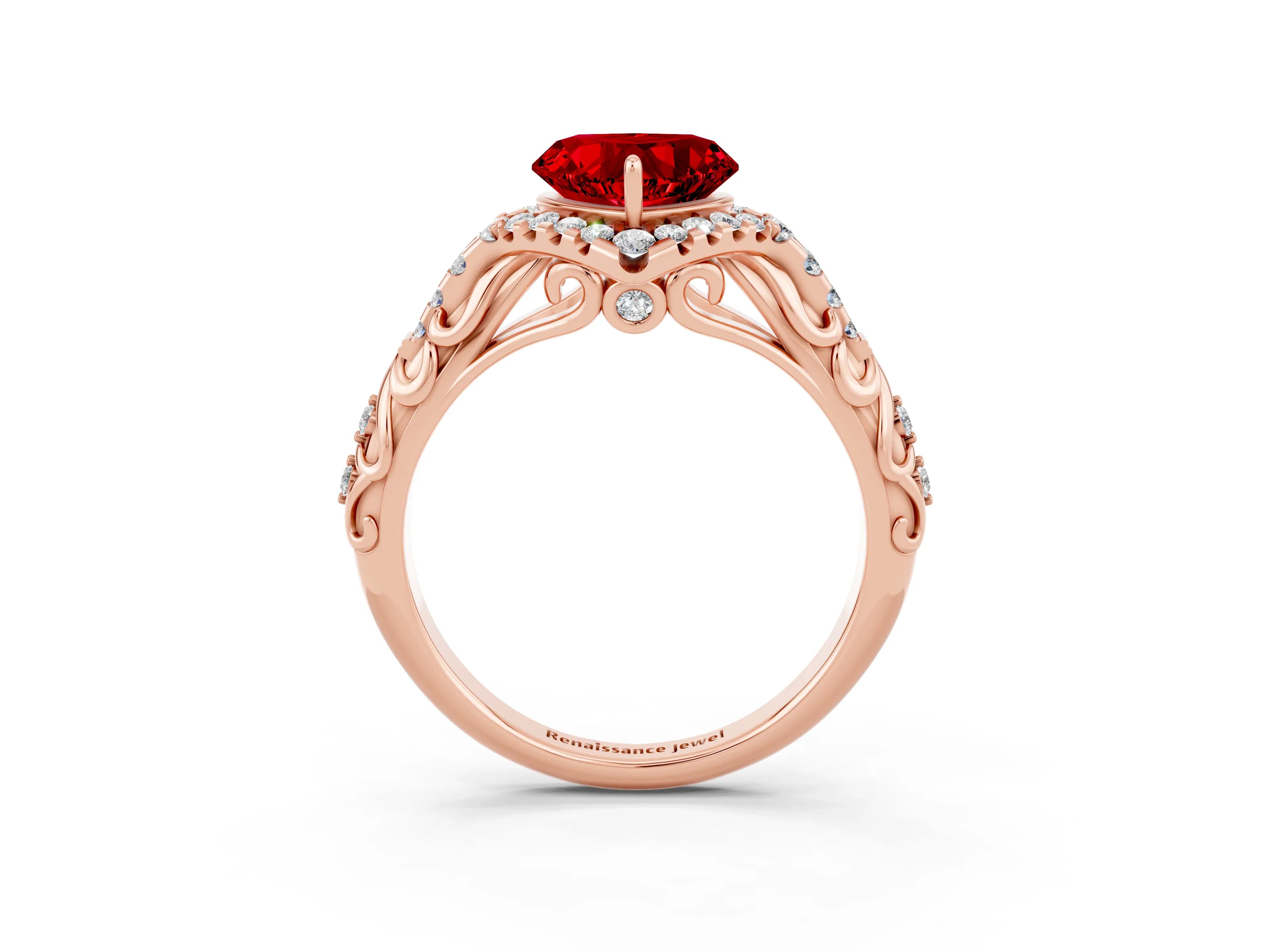 Rose gold Heart Cut Ruby Solitaire Ring with Hidden Halo and Pavé Band_15