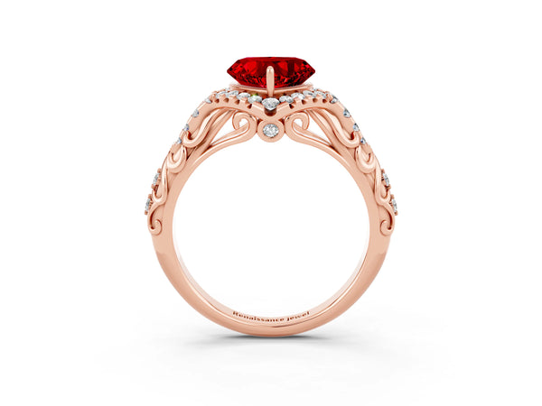 Rose gold Heart Cut Ruby Solitaire Ring with Hidden Halo and Pavé Band