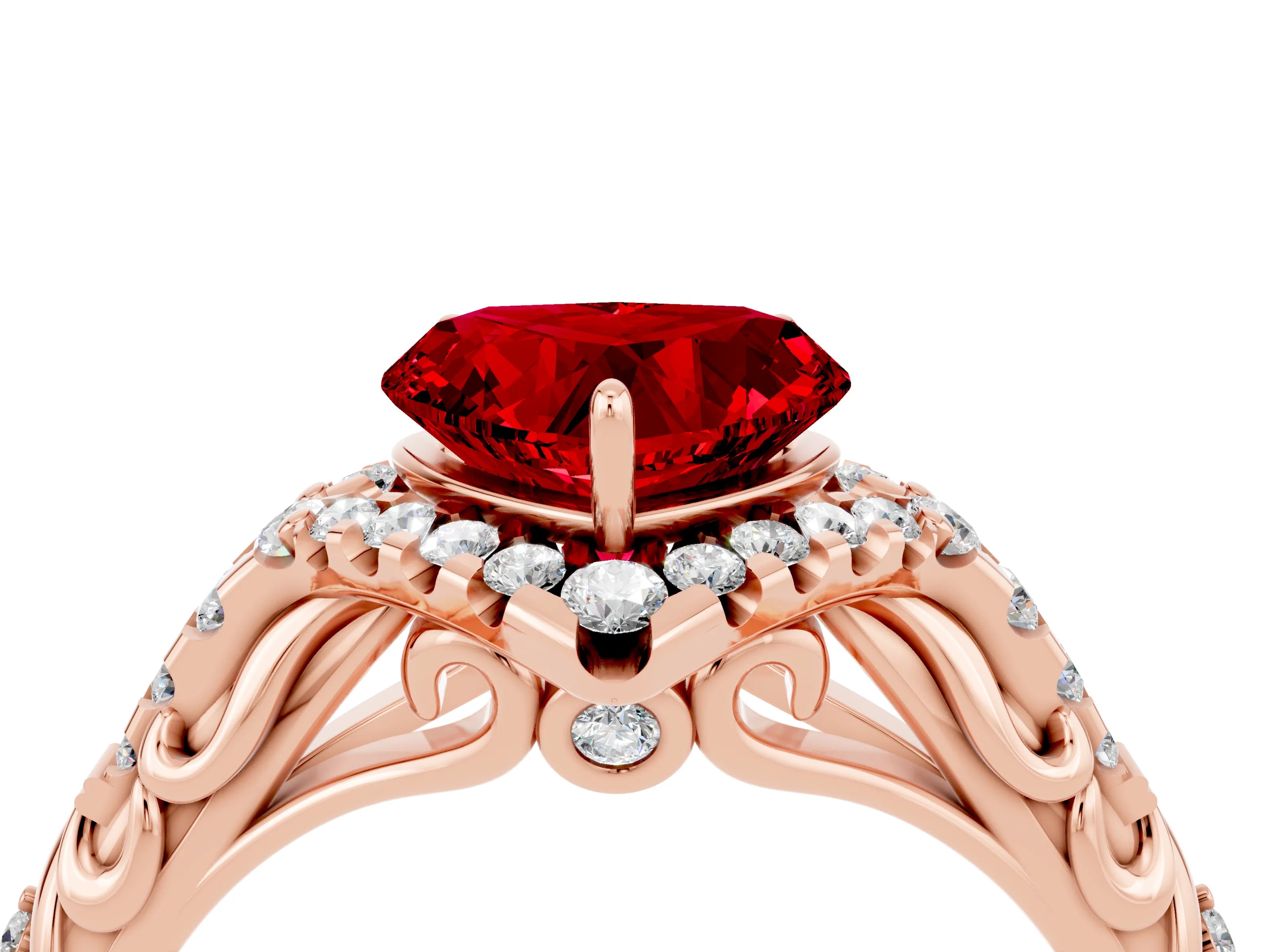 Rose gold Heart Cut Ruby Solitaire Ring with Hidden Halo and Pavé Band_16