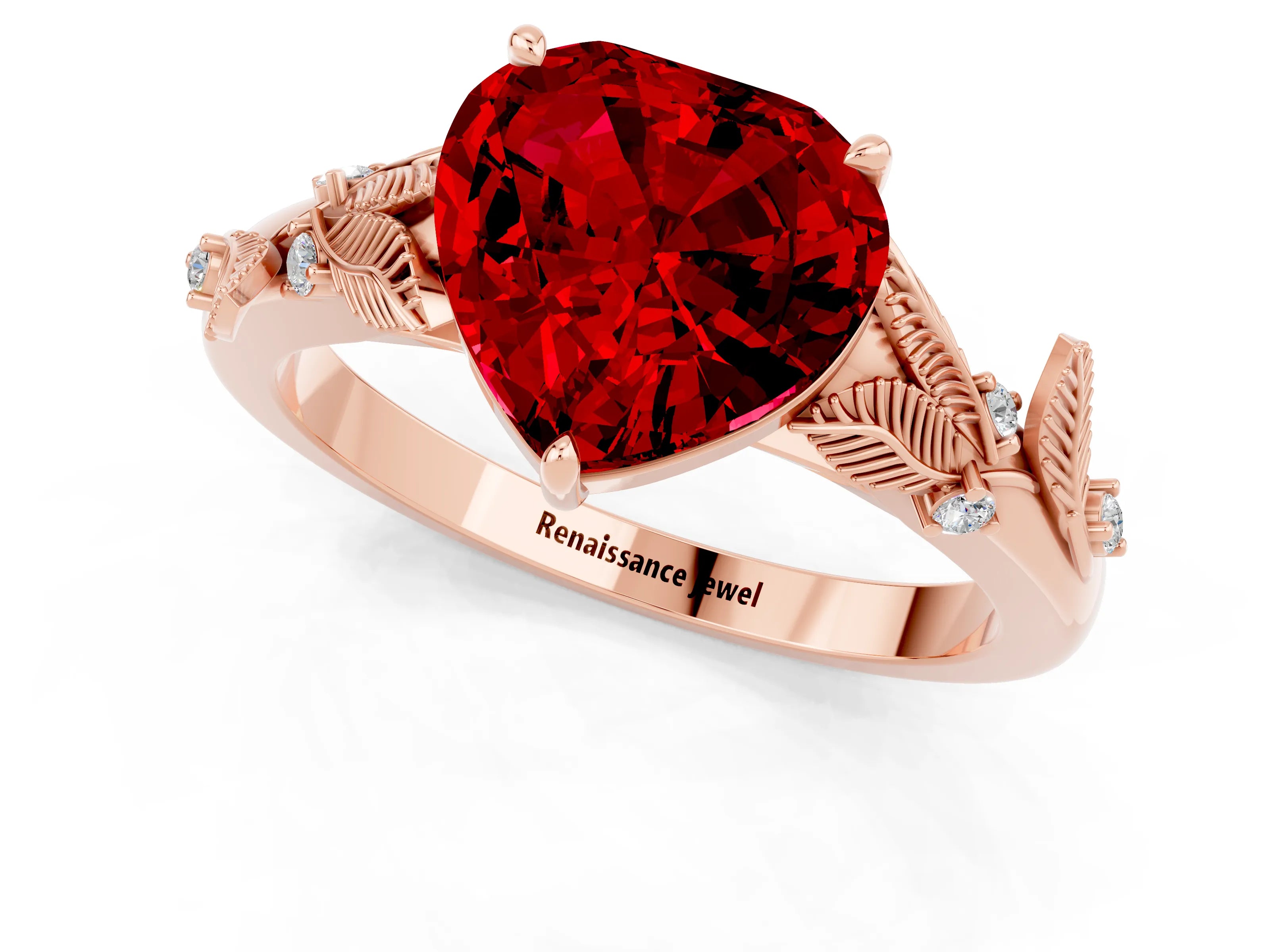 Rose gold Heart Cut Ruby Solitaire Ring with Leaf Motif Band and Four-Prong Setting_1