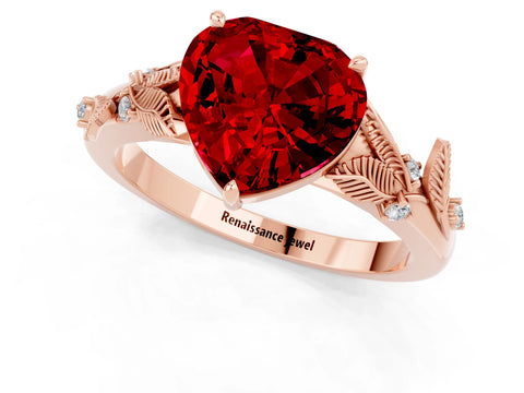 Rose gold Heart Cut Ruby Solitaire Ring with Leaf Motif Band and Four-Prong Setting_1