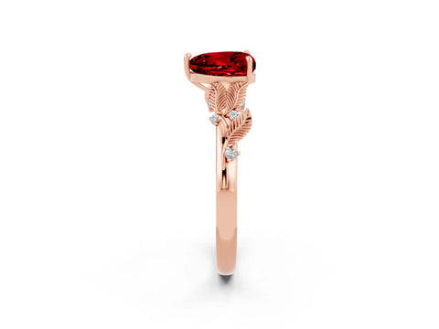 Rose gold Heart Cut Ruby Solitaire Ring with Leaf Motif Band and Four-Prong Setting_2