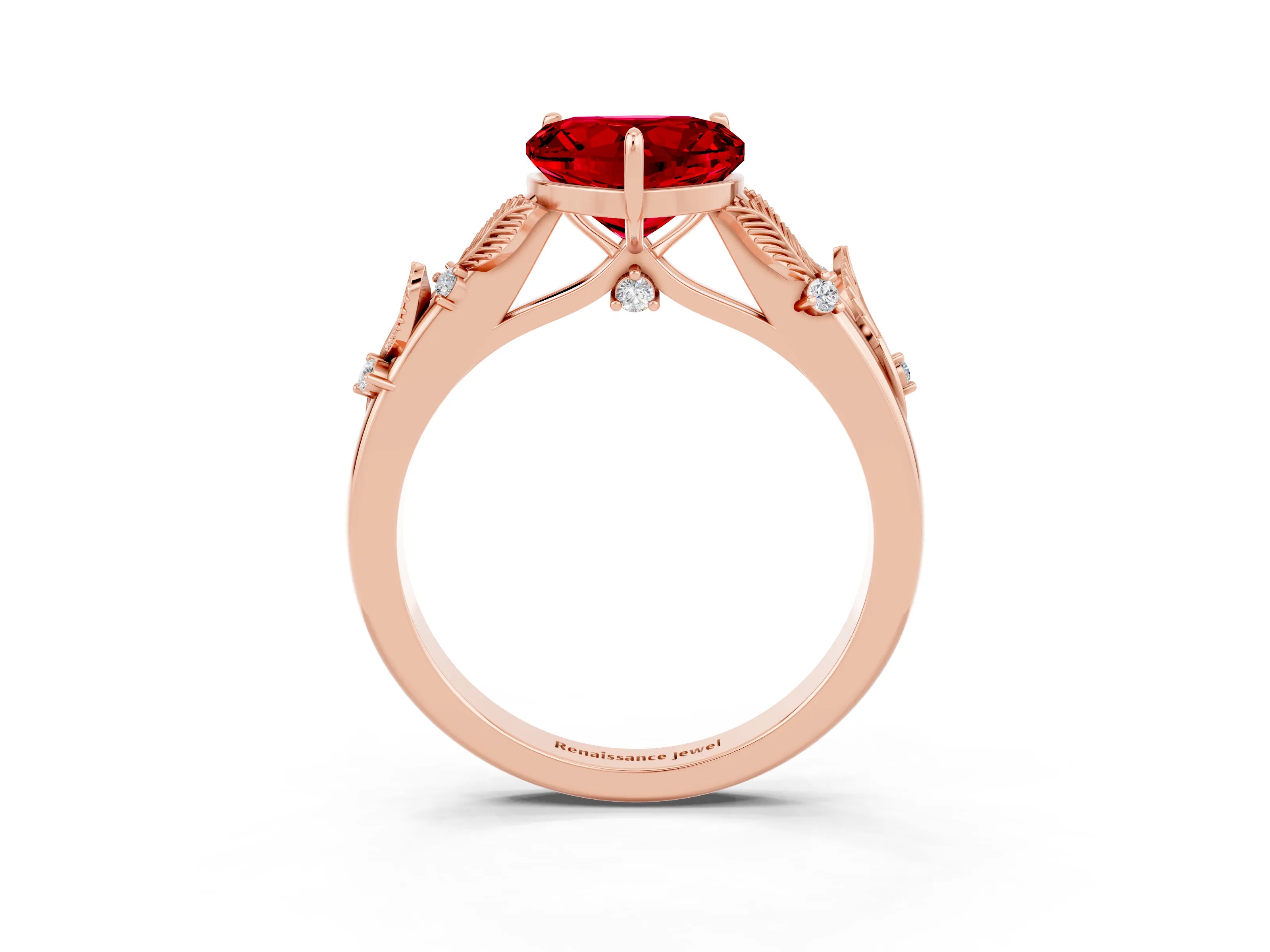 Rose gold Heart Cut Ruby Solitaire Ring with Leaf Motif Band and Four-Prong Setting_3
