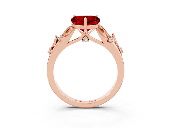Rose gold Heart Cut Ruby Solitaire Ring with Leaf Motif Band and Four-Prong Setting
