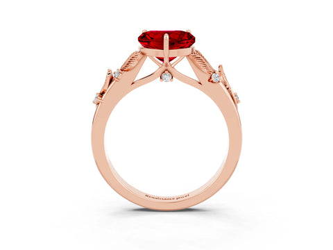 Rose gold Heart Cut Ruby Solitaire Ring with Leaf Motif Band and Four-Prong Setting_3