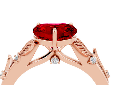 Rose gold Heart Cut Ruby Solitaire Ring with Leaf Motif Band and Four-Prong Setting_4