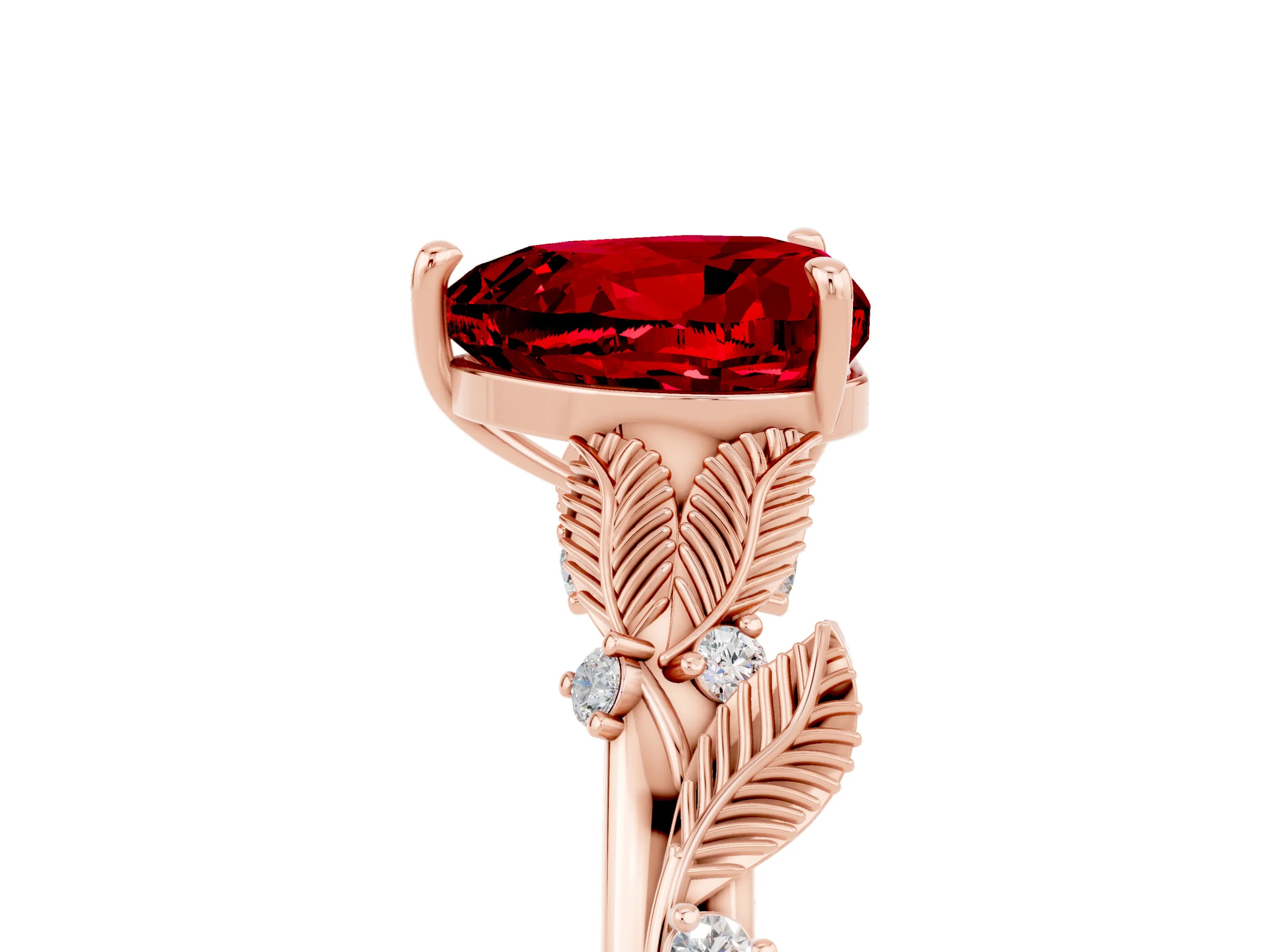 Rose gold Heart Cut Ruby Solitaire Ring with Leaf Motif Band and Four-Prong Setting_5