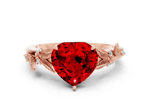 Rose gold Heart Cut Ruby Solitaire Ring with Leaf Motif Band and Four-Prong Setting