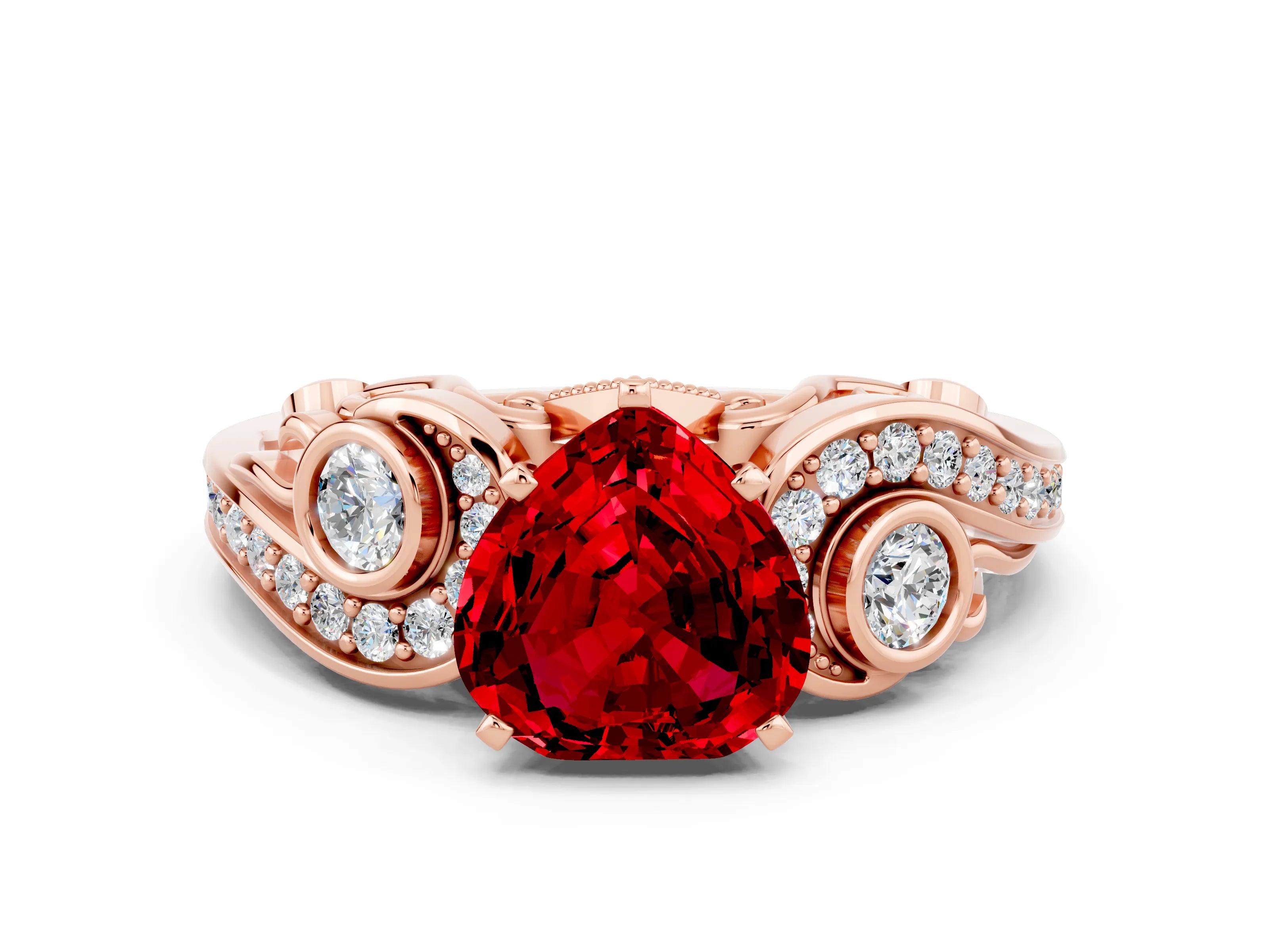 Rose gold Heart Cut Ruby Solitaire Ring with Milgrain Pavé Band and Four-Prong Setting_24