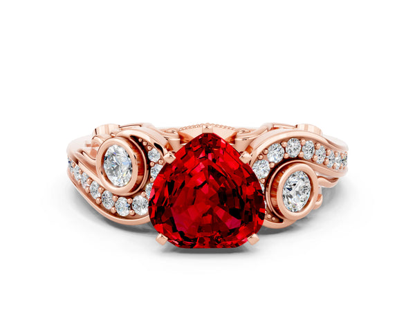 Rose gold Heart Cut Ruby Solitaire Ring with Milgrain Pavé Band and Four-Prong Setting