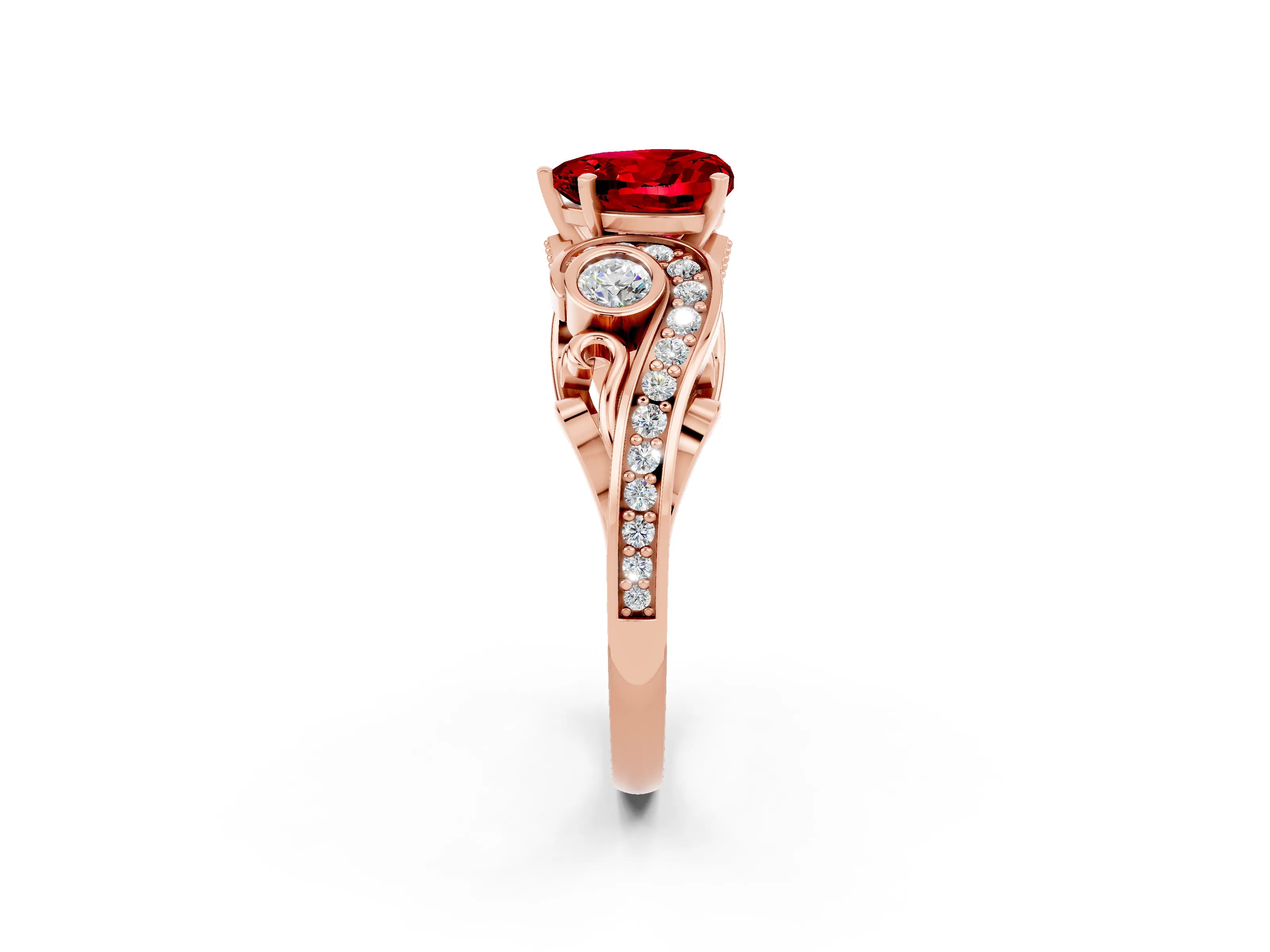 Rose gold Heart Cut Ruby Solitaire Ring with Milgrain Pavé Band and Four-Prong Setting_26