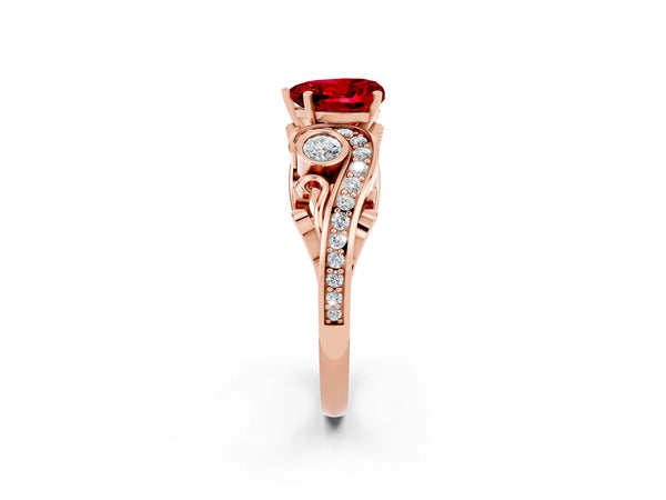 Rose gold Heart Cut Ruby Solitaire Ring with Milgrain Pavé Band and Four-Prong Setting