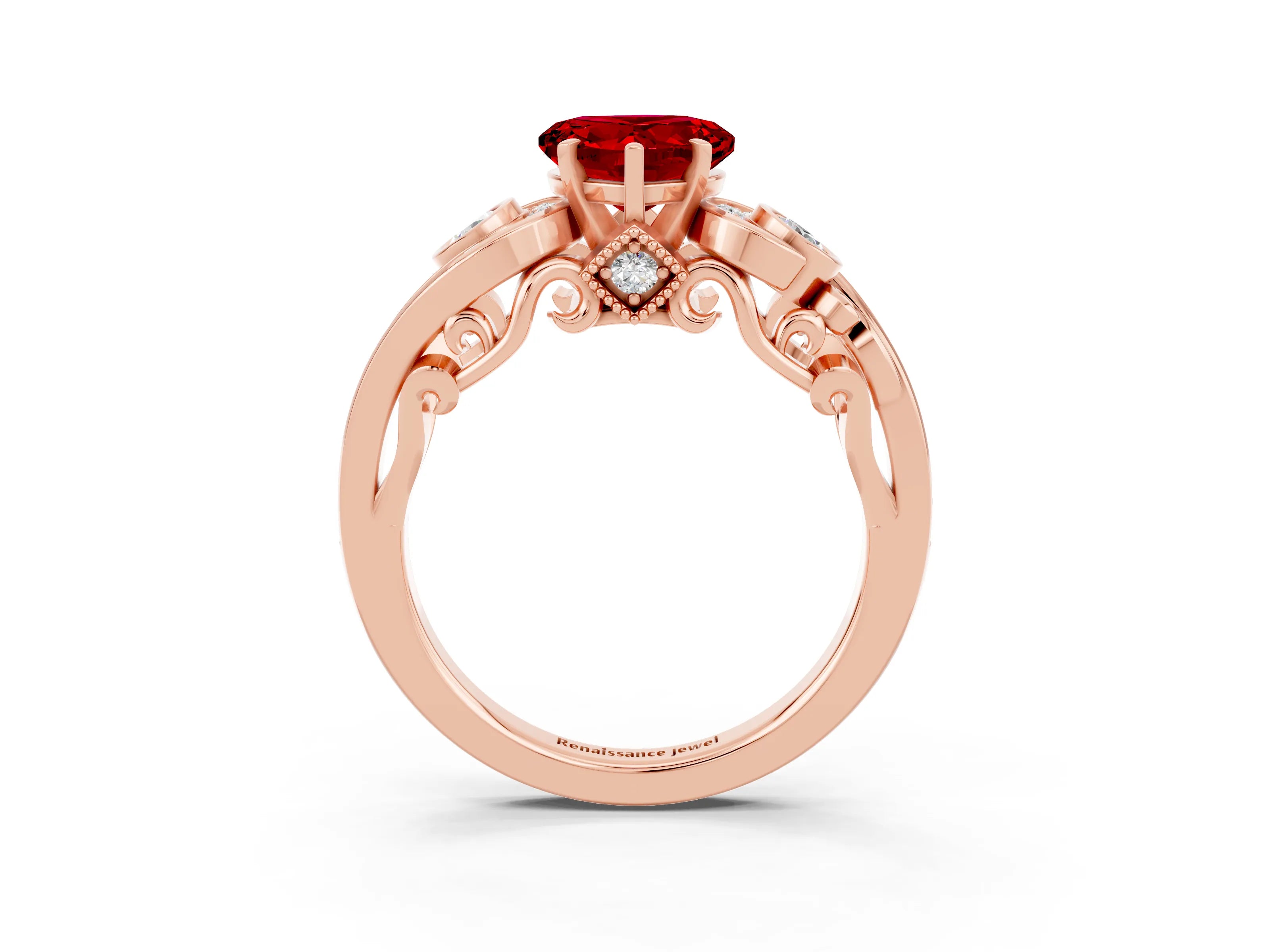 Rose gold Heart Cut Ruby Solitaire Ring with Milgrain Pavé Band and Four-Prong Setting_27