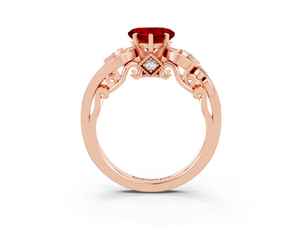 Rose gold Heart Cut Ruby Solitaire Ring with Milgrain Pavé Band and Four-Prong Setting