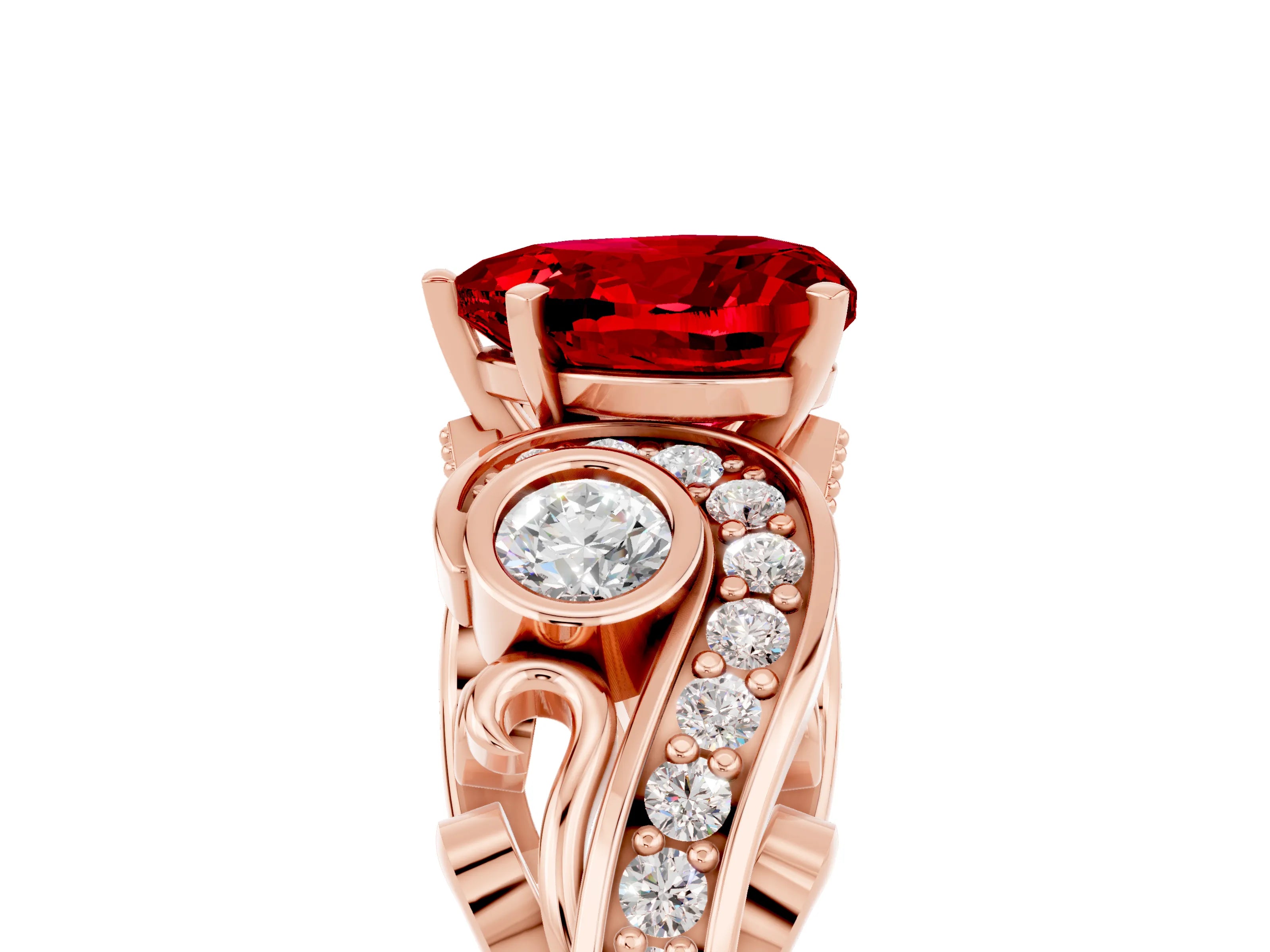 Rose gold Heart Cut Ruby Solitaire Ring with Milgrain Pavé Band and Four-Prong Setting_29