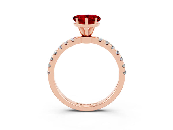 Rose gold Heart Cut Ruby Solitaire Ring with Pavé Accents and Four-Prong Setting