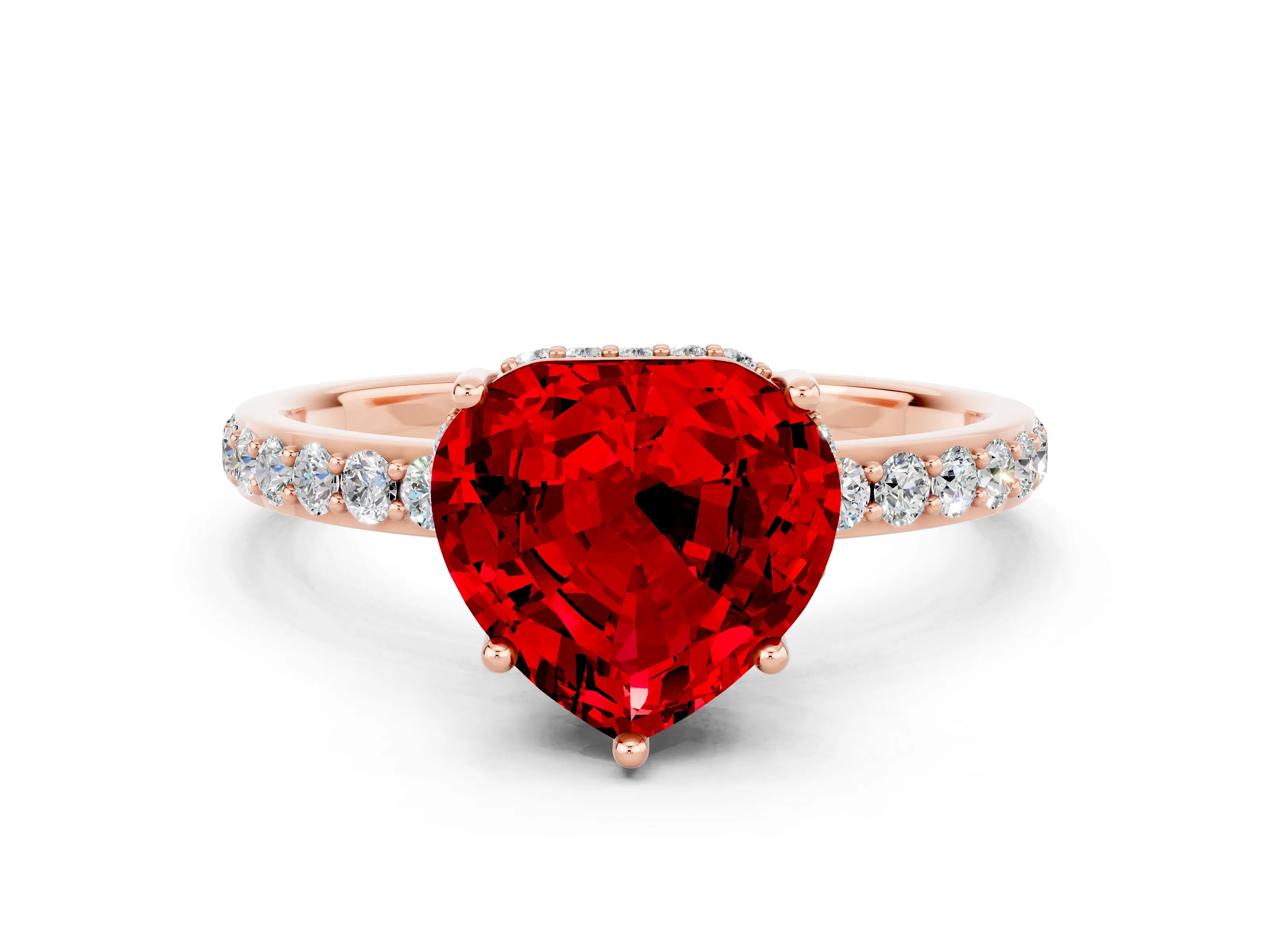 Rose gold Heart Cut Ruby Solitaire Ring with Pavé Band and Hidden Halo_12