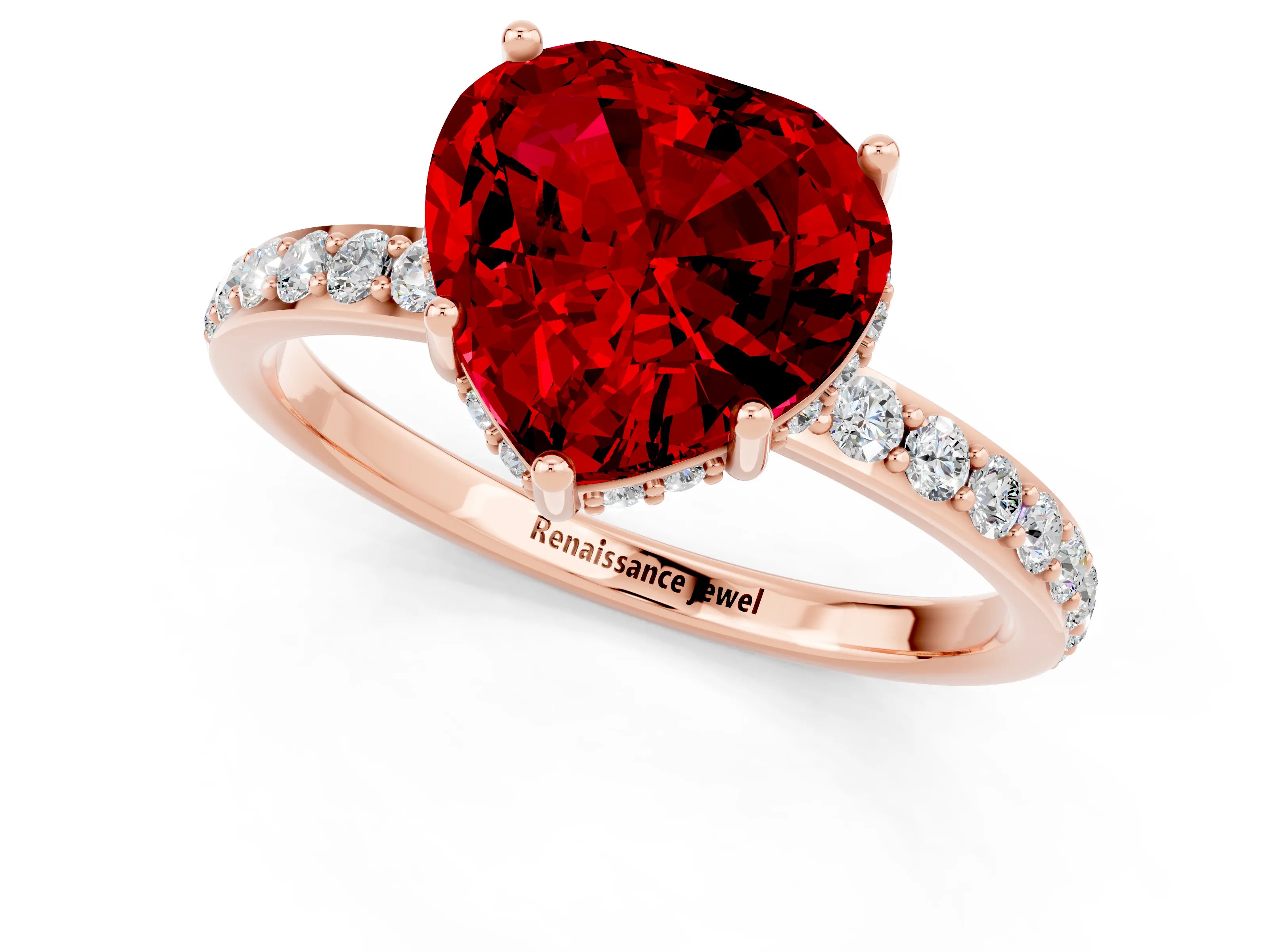 Rose gold Heart Cut Ruby Solitaire Ring with Pavé Band and Hidden Halo_13