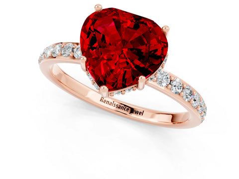 Rose gold Heart Cut Ruby Solitaire Ring with Pavé Band and Hidden Halo_13