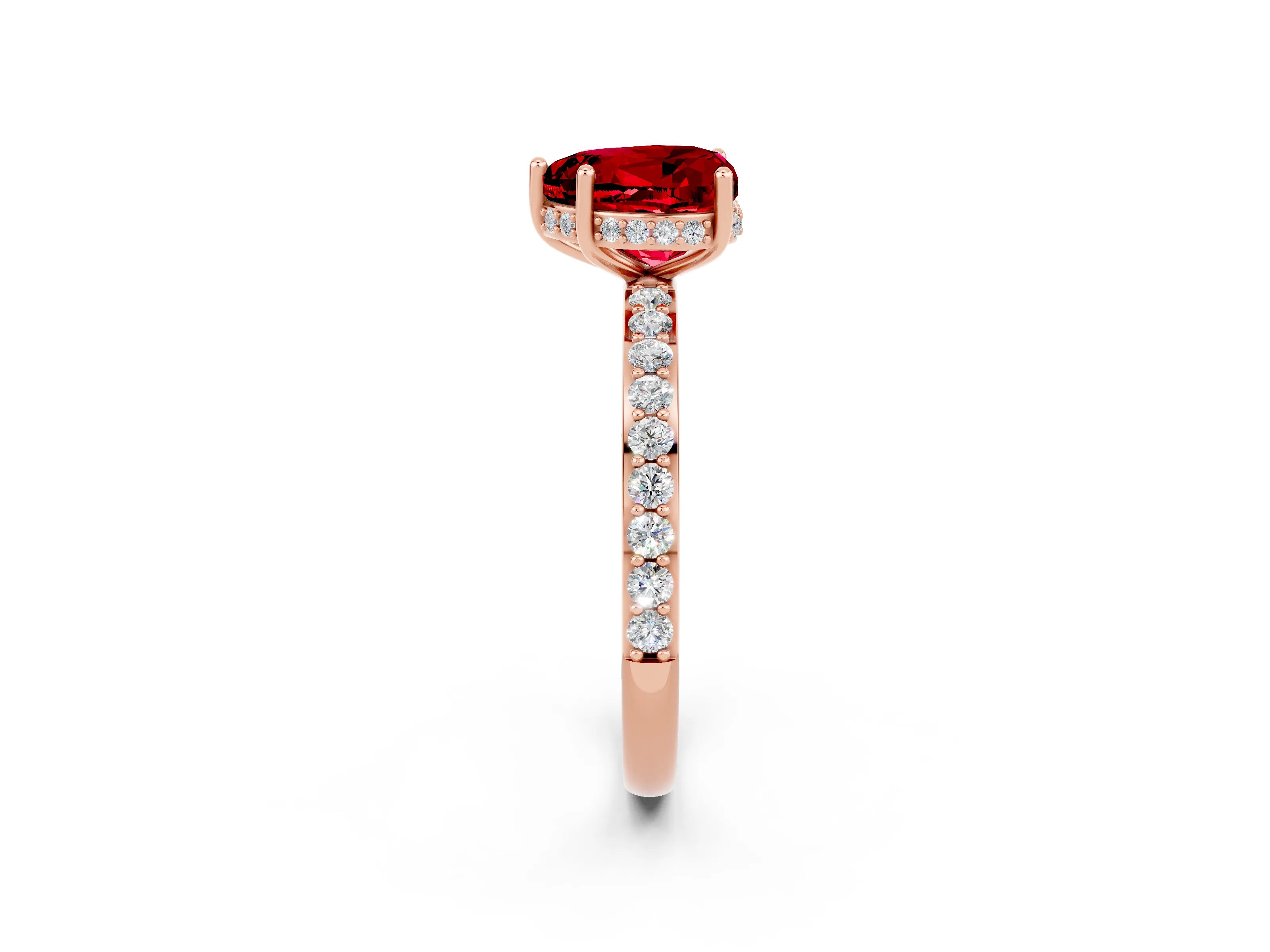 Rose gold Heart Cut Ruby Solitaire Ring with Pavé Band and Hidden Halo_14