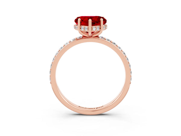 Rose gold Heart Cut Ruby Solitaire Ring with Pavé Band and Hidden Halo